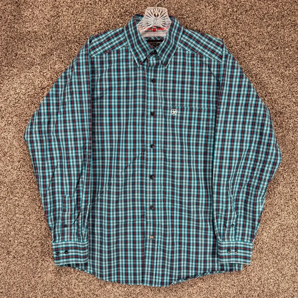 Ariat Pro Series Shirt Mens M Blue Plaid Armpit Vents‎ Western Cowboy Rodeo